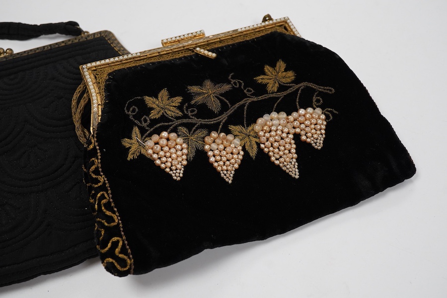 Four vintage embroidered evening bags, with embroidered Arabic calligraphy and purses together with a pair of baby shoes